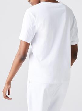 T-Shirt Lacoste Col en V Blanc pour Femme