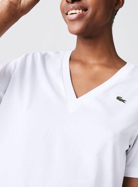 T-Shirt Lacoste Col en V Blanc pour Femme