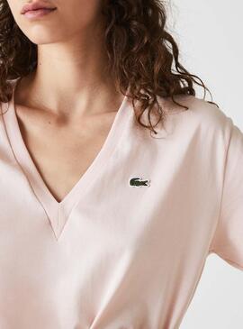 T-Shirt Lacoste col en V Rose pour Femme