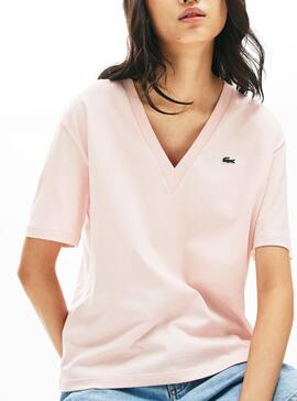 T-Shirt Lacoste col en V Rose pour Femme