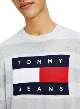 Pull Tommy Jeans Flag Pull Gris pour Homme