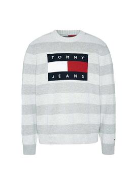 Pull Tommy Jeans Flag Pull Gris pour Homme