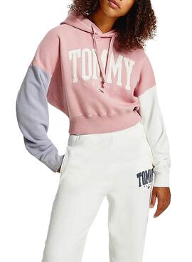 Sweat Tommy Jeans Collegiate Rosa Block Cropped Pour Femme