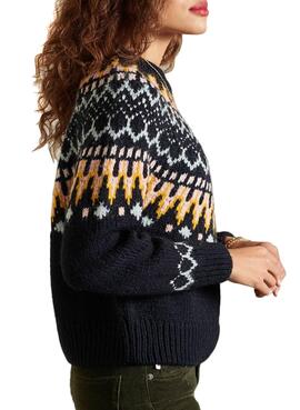 Pull Superdry Classic Fairisle Crew Bleu Marine Femme