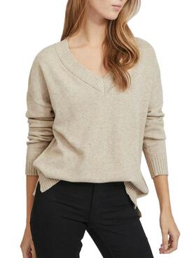 Pull Vila Viril Oversize Col V Beige Pour Femme