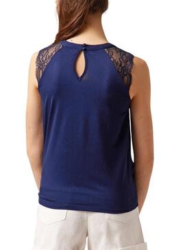 T-Shirt Naf Naf Puntillas Bleu Marine pour Femme