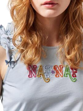 T-Shirt Naf Naf Sent Ruffles Bleu pour Femme