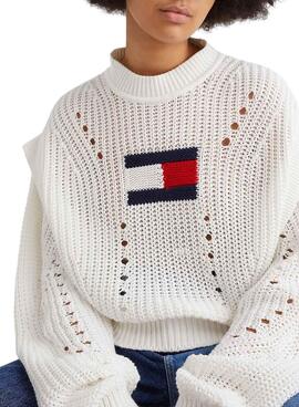 Pull Tommy Jeans Oversize Flag Couture Blanc Femme
