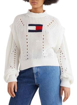 Pull Tommy Jeans Oversize Flag Couture Blanc Femme