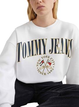 Sweat Tommy Jeans Crop Relaxed Femme Blanc