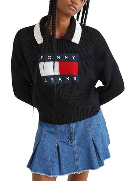 Pull Tommy Jeans Col à Revers pour Femme Noire