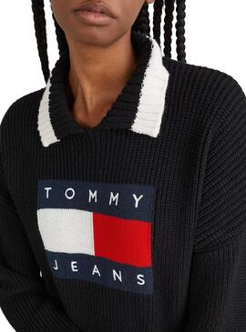 Pull Tommy Jeans Col à Revers pour Femme Noire