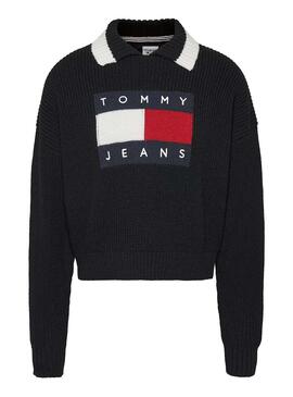 Pull Tommy Jeans Col à Revers pour Femme Noire