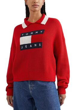 Pull Tommy Jeans Collier à Rabat pour Femme Rouge