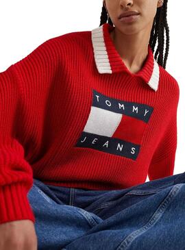 Pull Tommy Jeans Collier à Rabat pour Femme Rouge
