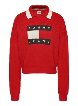 Pull Tommy Jeans Collier à Rabat pour Femme Rouge