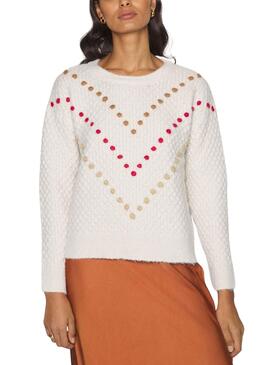 Pull Naf Naf Pompons pour Femme Blanc Beige