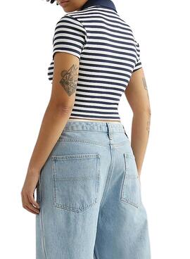 Polo Tommy Jeans Crop Stripe Bleu Marine pour Femme
