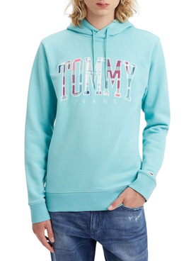 Sweat Tommy Jeans Reg Tartan Turquoise Homme