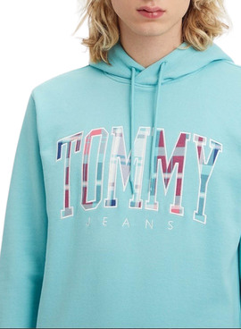 Sweat Tommy Jeans Reg Tartan Turquoise Homme