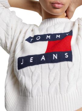 Pull Tommy Jeans Boxy Center Flag Blanc Femme