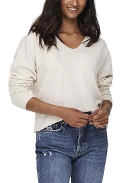 Pull Only Rica Life Col V Beige pour Femme