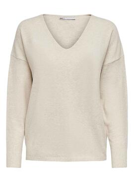 Pull Only Rica Life Col V Beige pour Femme