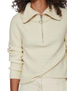 Pull Vila Viril Half Zipper Beige pour Femme