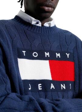 Pull Tommy Jeans Flag Câble Bleu Marine Homme