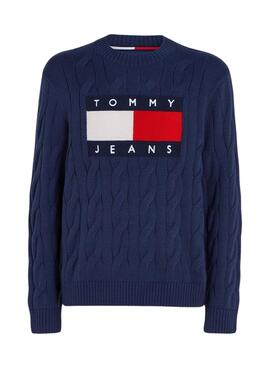 Pull Tommy Jeans Flag Câble Bleu Marine Homme