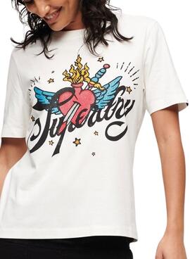 T-Shirt Superdry Tattoo Script Blanc Femme
