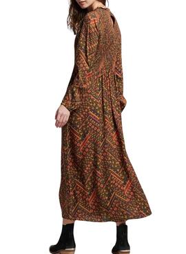 Robe Superdry Printed Maxi Smocké Marron Femme