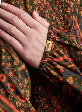 Robe Superdry Printed Maxi Smocké Marron Femme