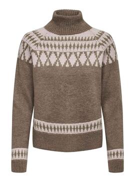 Pull Only Mathilda Jacquard Brun pour Femme