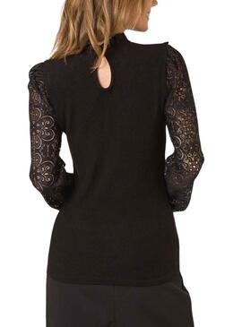T-Shirt Naf Naf Dentelle Flores Noire pour Femme