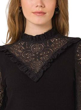 T-Shirt Naf Naf Dentelle Flores Noire pour Femme