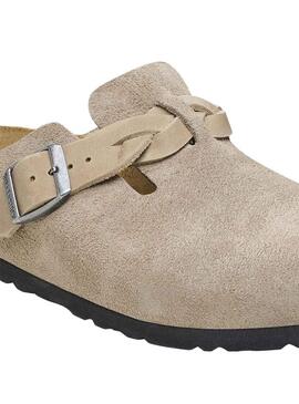 Sabots Birkenstock Boston tressés en taupe pour femme