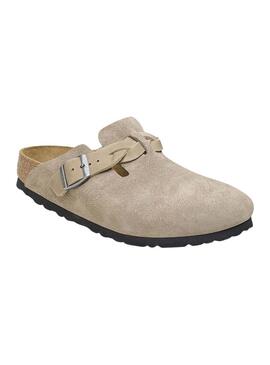 Sabots Birkenstock Boston tressés en taupe pour femme