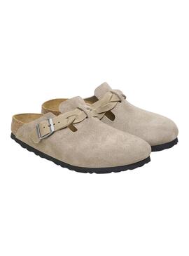 Sabots Birkenstock Boston tressés en taupe pour femme