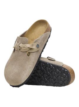 Sabots Birkenstock Boston tressés en taupe pour femme