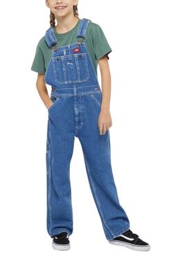 Salopette Dickies en jean bleu lavé pour fille.