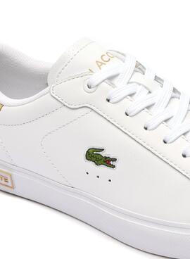 Sneakers Lacoste Powercourt Blanco Beige Mujer se traduce al francés como Baskets Lacoste Powercourt Blanc Beige Femme.