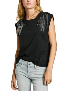 T-shirt Pepe Jeans Lydia avec strass noir pour femme