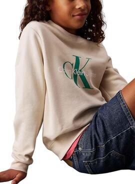 Sweat à capuche Calvin Klein Monogram Terry beige pour enfants
