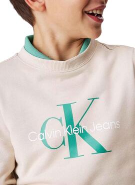 Sweat à capuche Calvin Klein Monogram Terry beige pour enfants