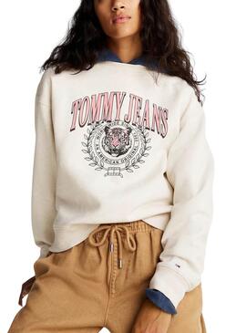 Sweat à capuche Tommy Jeans Varsity Tiger beige pour femme.