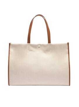 Sac fourre-tout Lacoste en toile beige de grande taille.