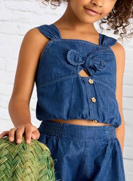 Haut fluide en denim avec nœud de la marque Mayoral pour fille.