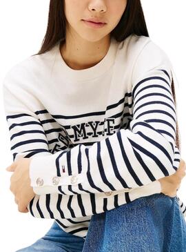 Maillot Tommy Jeans à rayures Varsity blanc et bleu pour femme