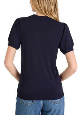 Pull Naf Naf bleu marine avec broderies pour femme.